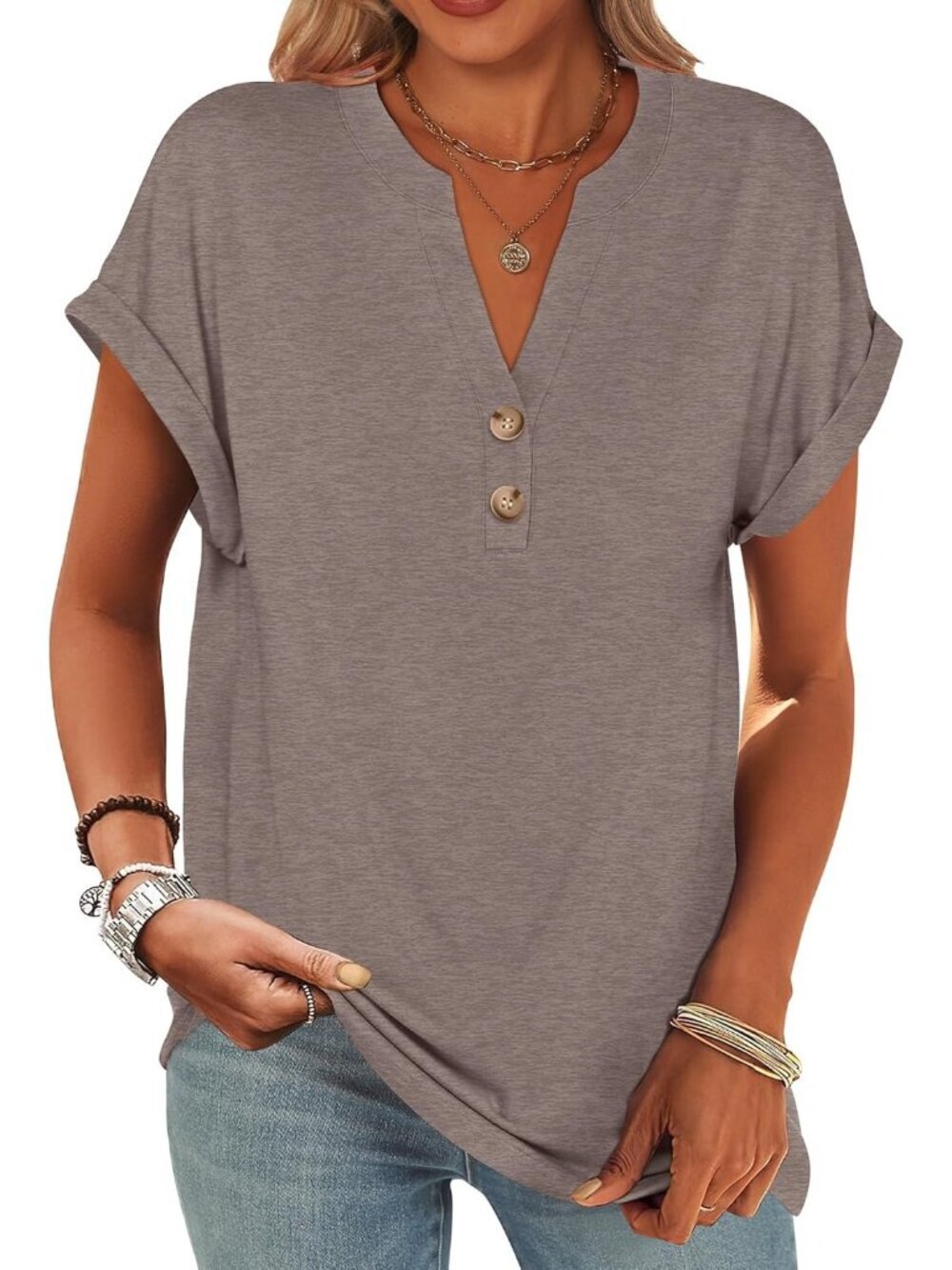 Women's Grey Brown Summer Short Sleeves Henley V Neck Comfortable Tee Shirts